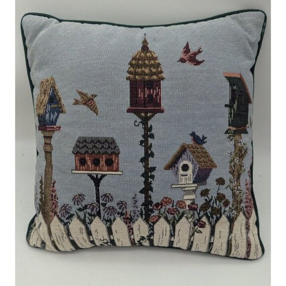 Riverdale Decorative Tapestry Pillow With Birdhouse Design 15" blue green - Picture 4 of 8